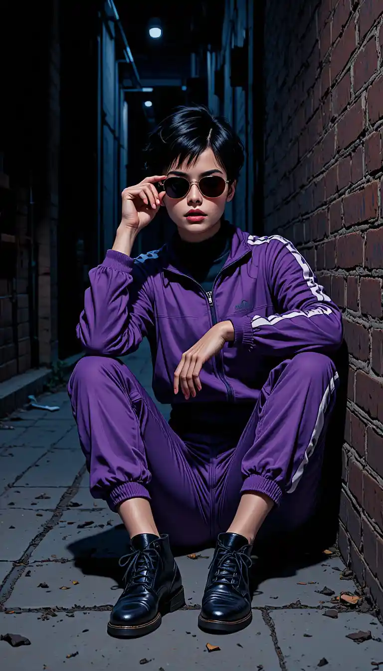 紫色運動服女子在情緒感濃厚的都會巷弄中