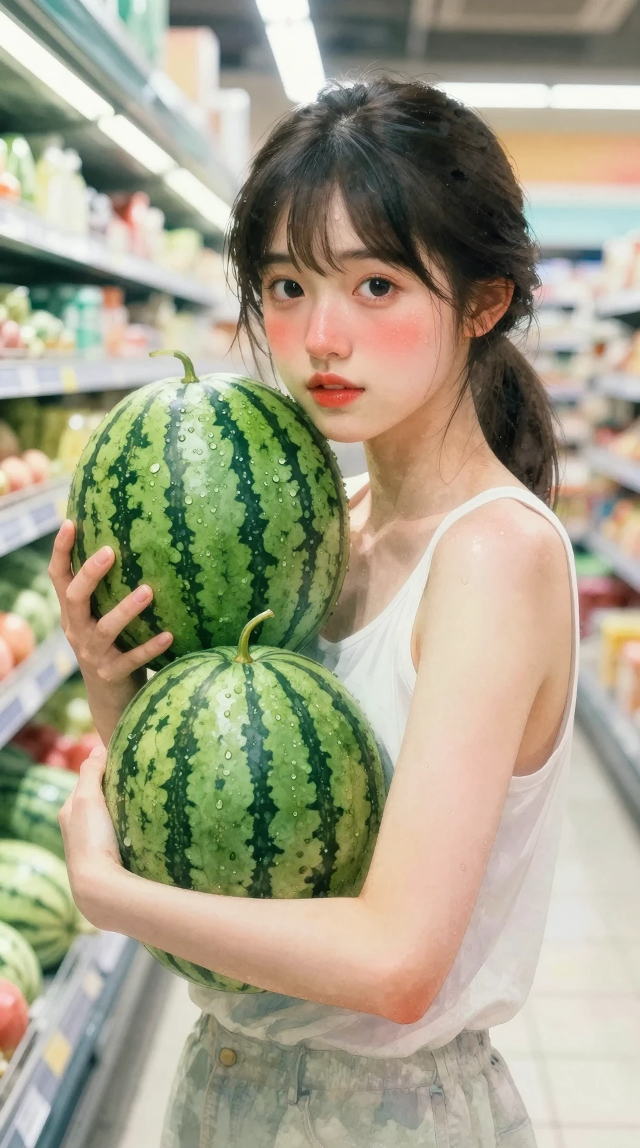 Aquarellporträt eines Mädchens mit Wassermelonen im Supermarkt