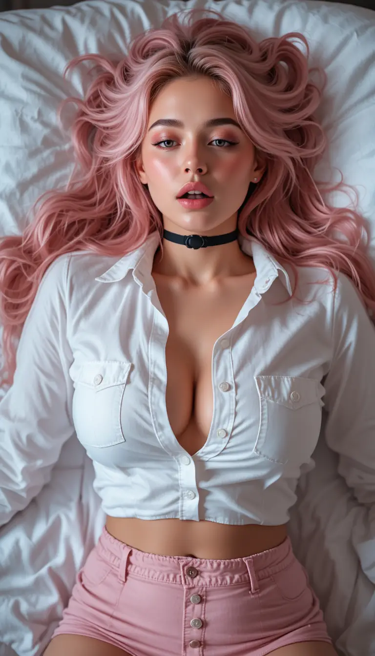 Junge Frau mit rosa Haaren, die auf einem Bett liegt