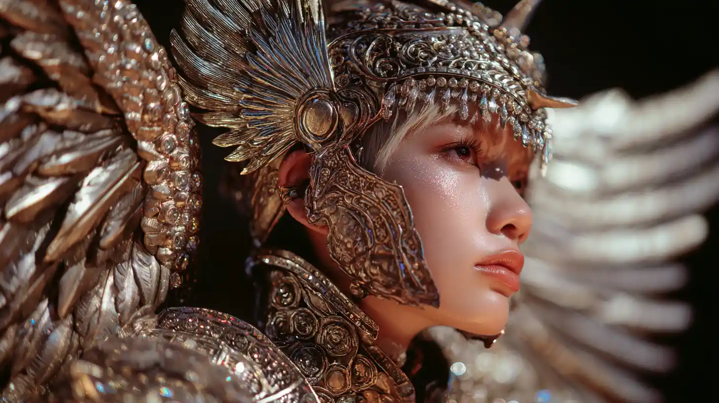 Celestial warrior woman in glamorous fantasy fashion armor