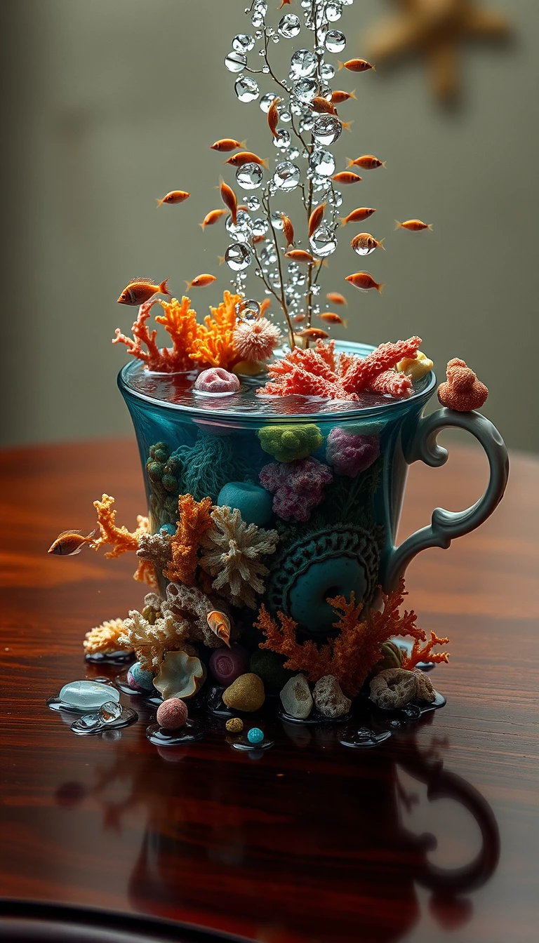 Taza de porcelana antigua con un diminuto arrecife de coral luminoso