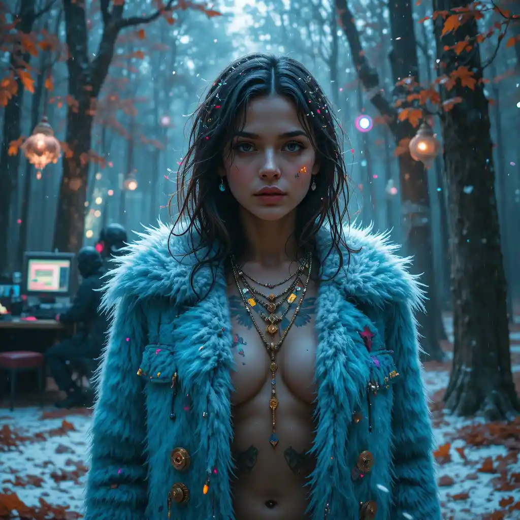 Donna cyberpunk con cappotto glitch in una foresta autunnale ghiacciata