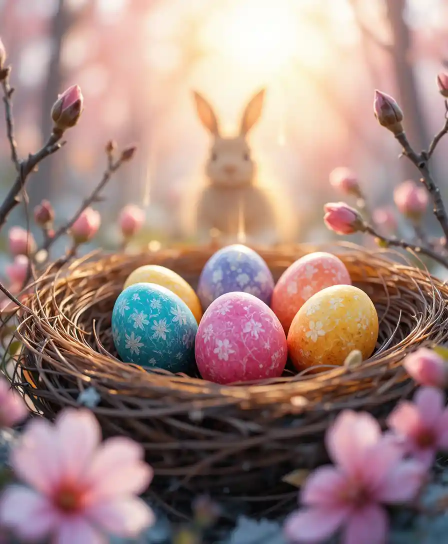 Uova di Pasqua colorate in un nido primaverile con morbida silhouette di coniglio