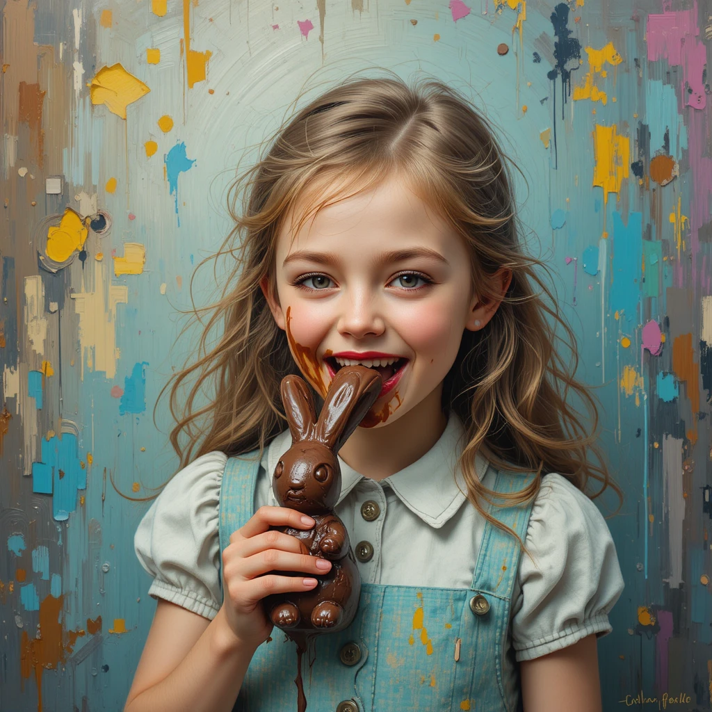 Lächelndes Mädchen mit Schoko-Osterhasen im impressionistischen Klassenzimmer