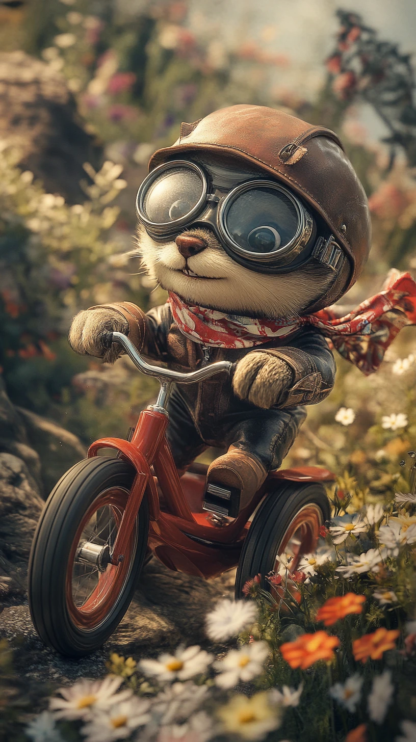 Ours brun espiègle dévalant la pente sur un minuscule tricycle rouge