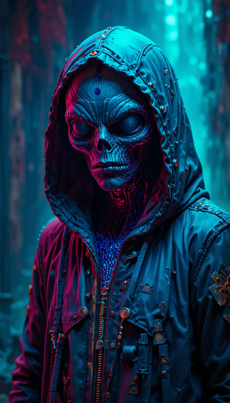 Alien con capucha de neón en capas bajo un inquietante brillo bioluminiscente