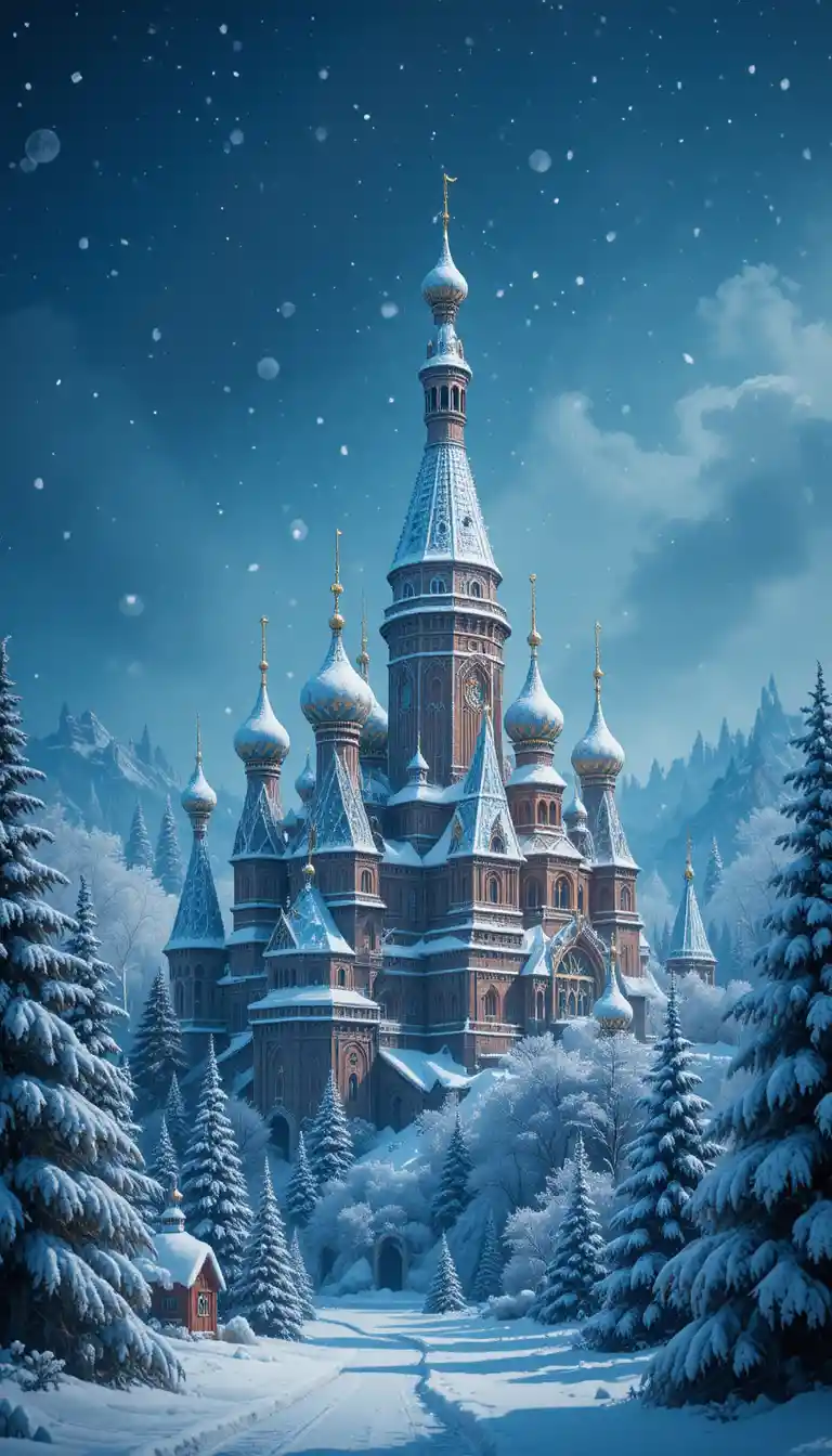 Verspieltes Winter­schloss über einer verschneiten Fantasiestadt