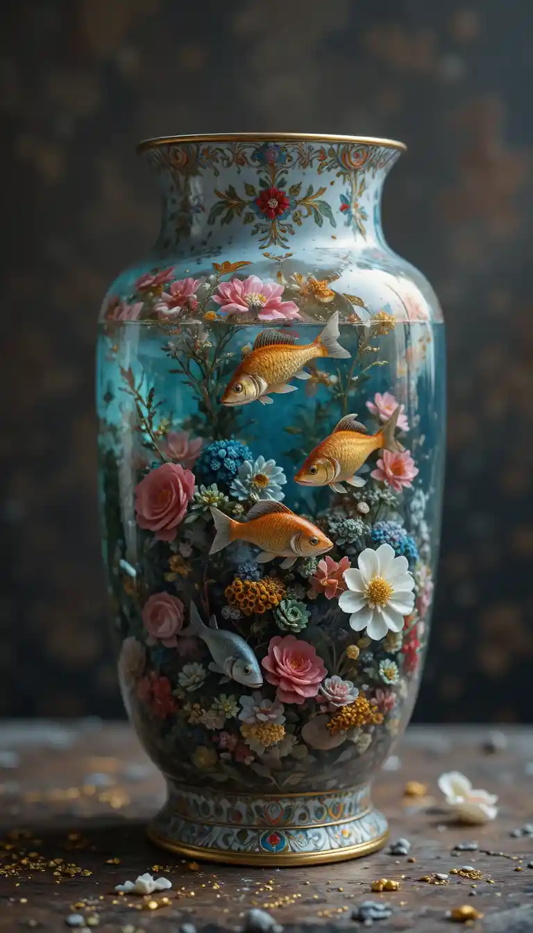 Antique teacup overflowing with a vivid miniature coral reef
