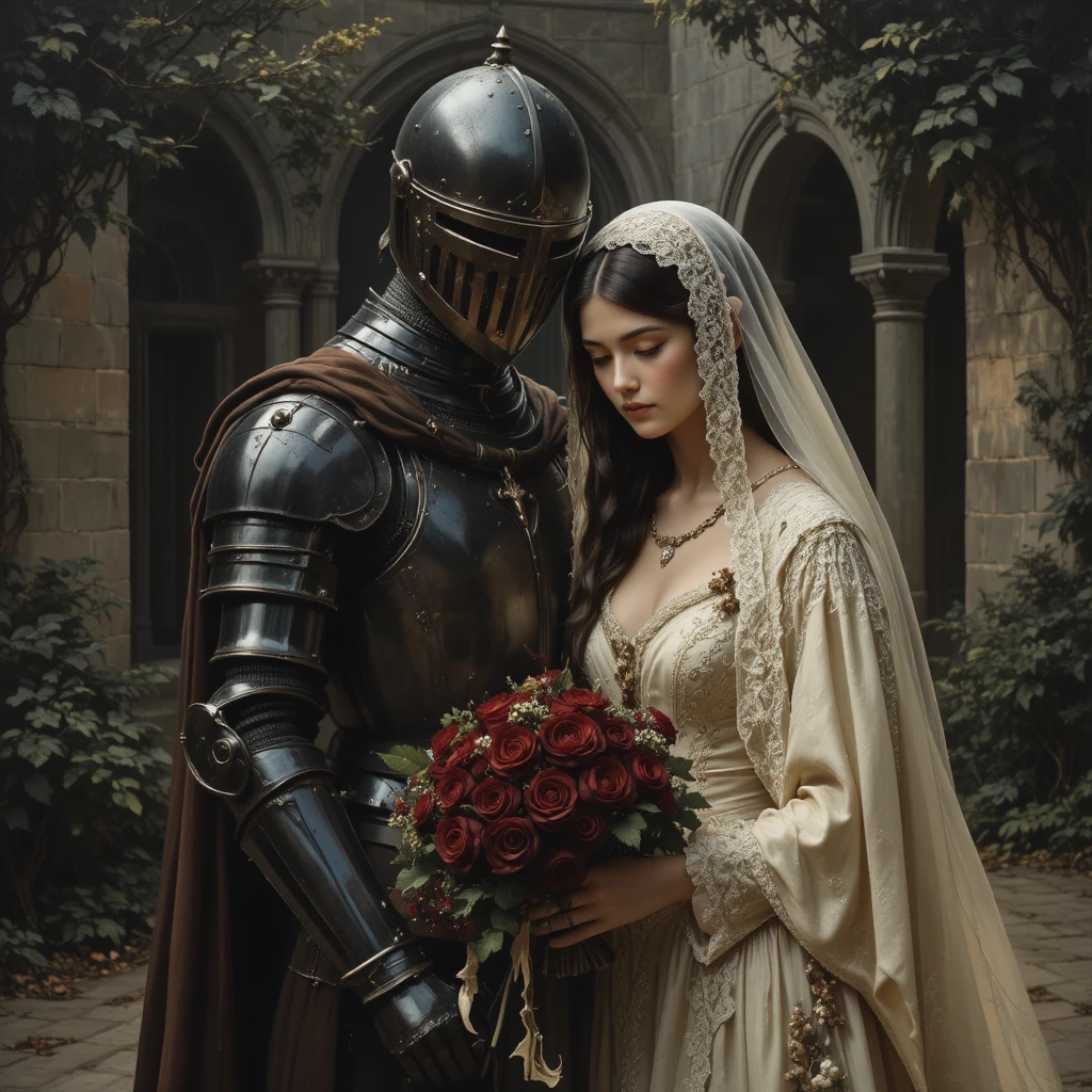 Novia medieval con caballero en un patio oscuro y romántico