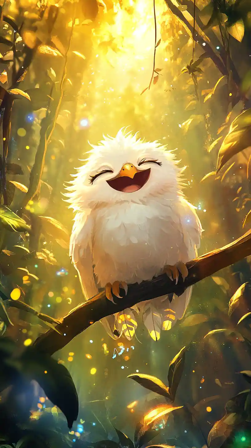 Happy white owl laughing on a branch in fantasy forest