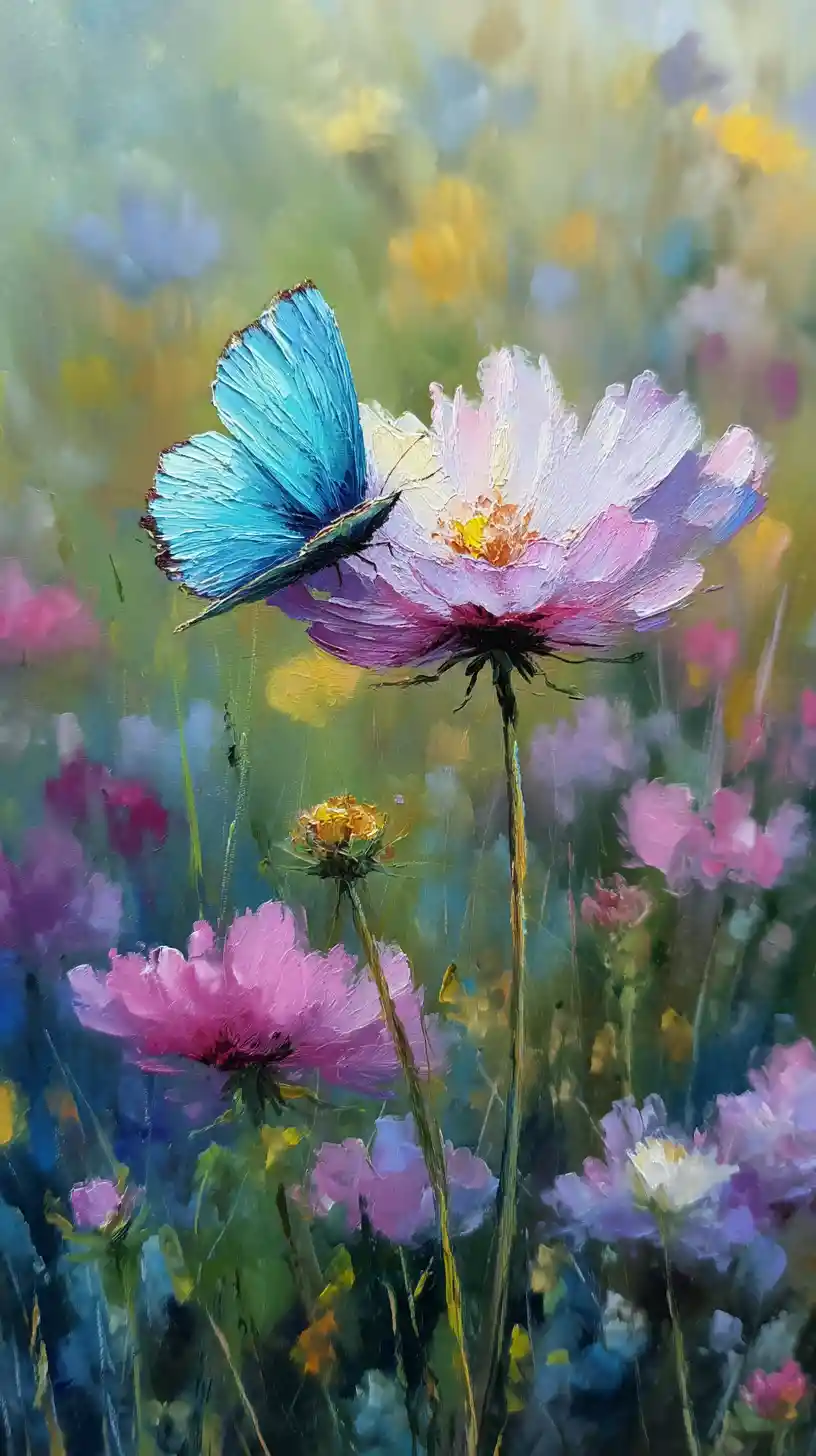 Colorful butterfly close up over pastel flower meadow bokeh