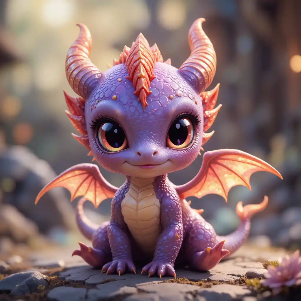 Cute baby dragon with iridescent wings in whimsical colors