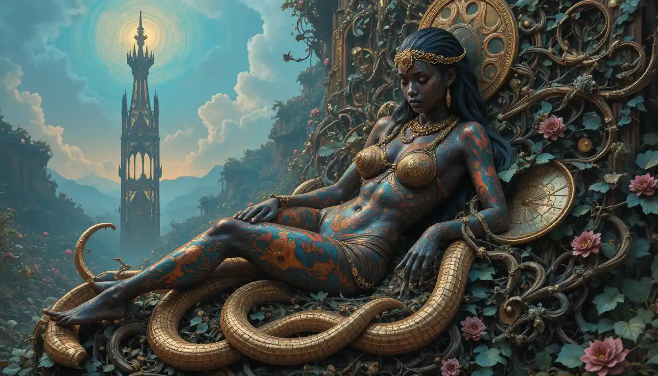 Ethiopian goddess reclining on a living throne of vines and serpents