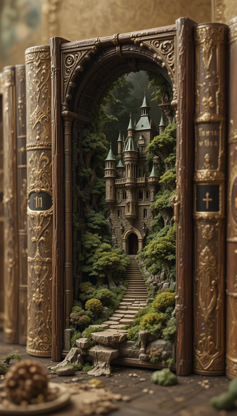 Primo piano di libri fantasy che rivelano un mondo con castello gotico