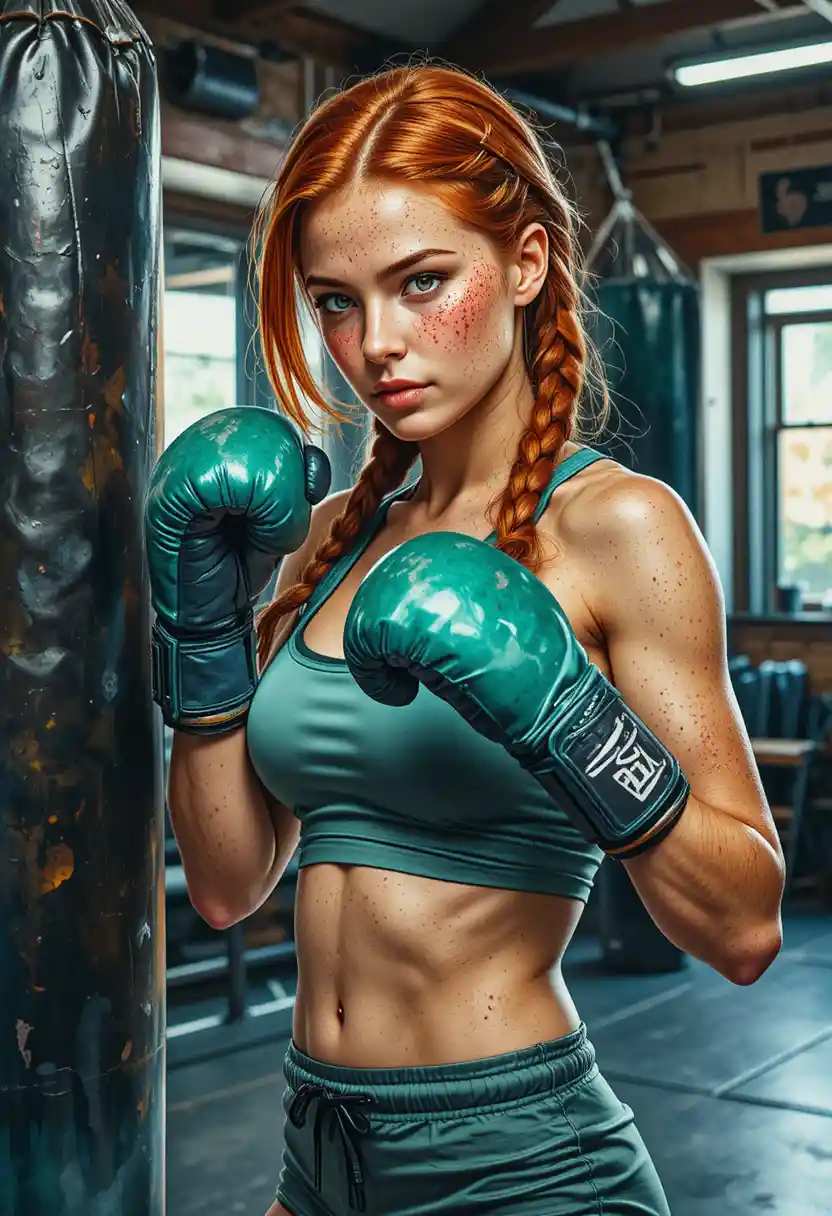Freckled red haired woman boxing hard in a gym