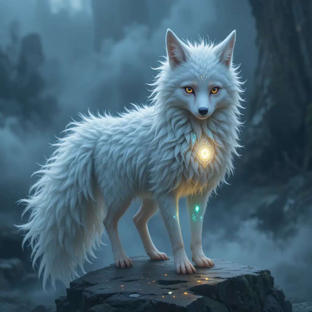 Mystical fox like spirit on a glowing stone in mist