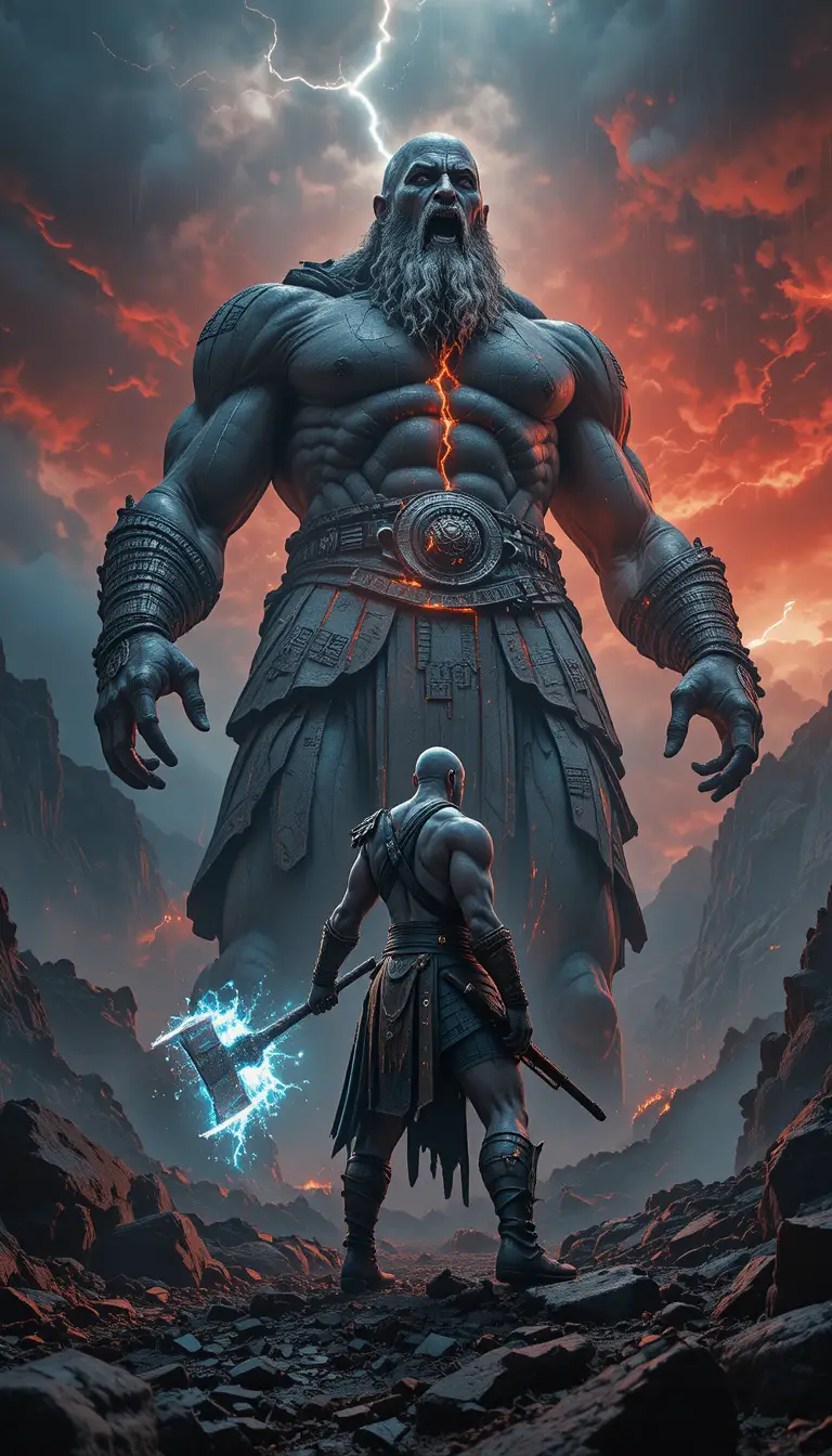 Warrior Facing Colossal Lava Titan On Stormy Battlefield