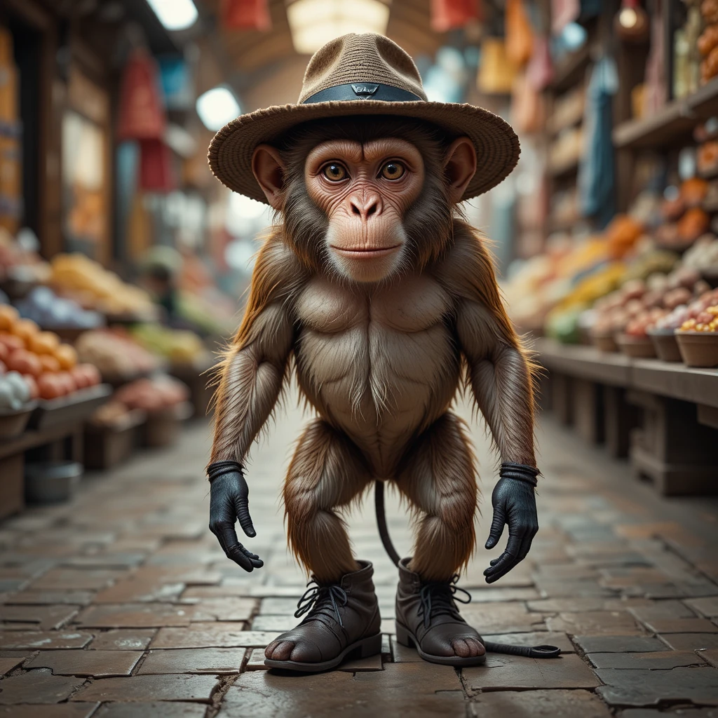 Singe portant des chaussures et un chapeau marchant dans un marché animé