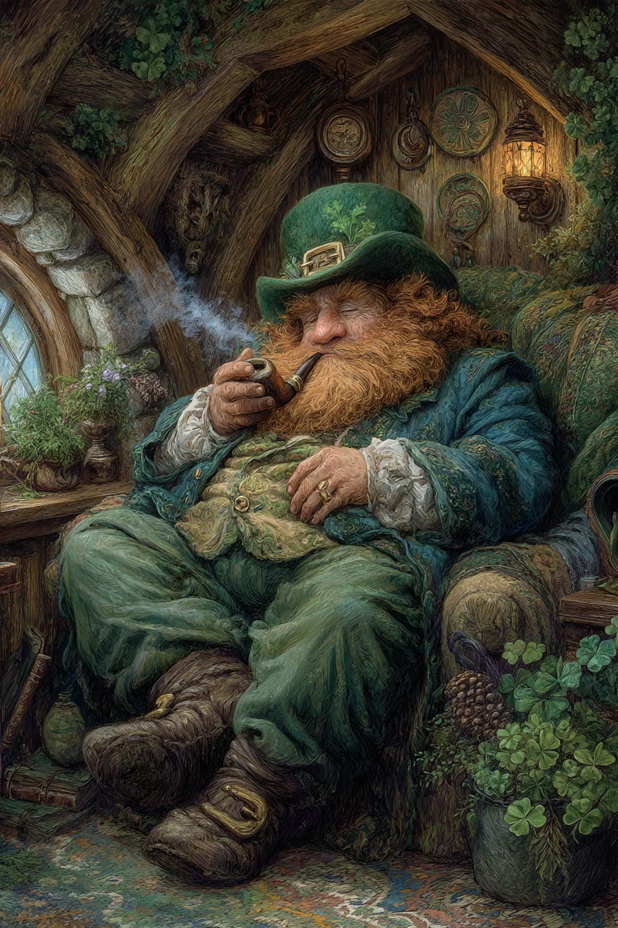 Leprechaun anziano che si rilassa davanti al fuoco in una baita nel bosco