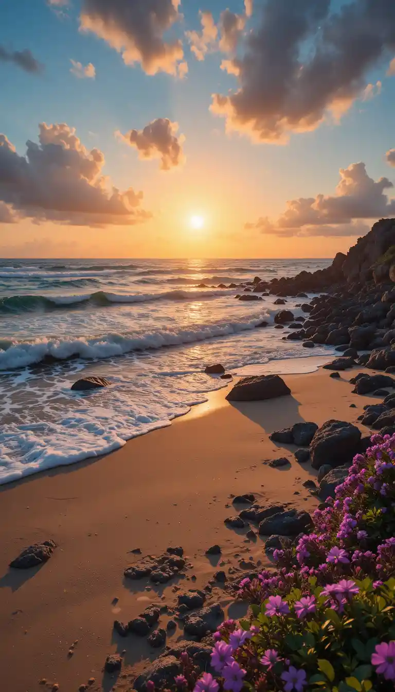 Tramonto romantico sulle onde del mare in una spiaggia tranquilla