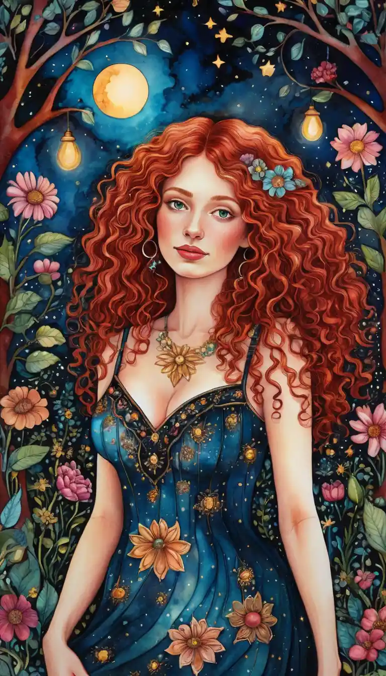 Donna dai capelli rossi in un giardino di fantasia folk art