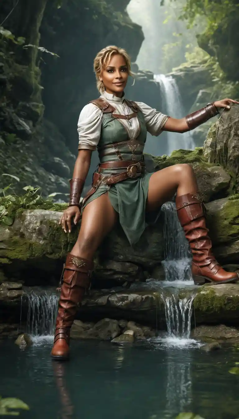 Athletic warrior woman resting by a clear stone pool
