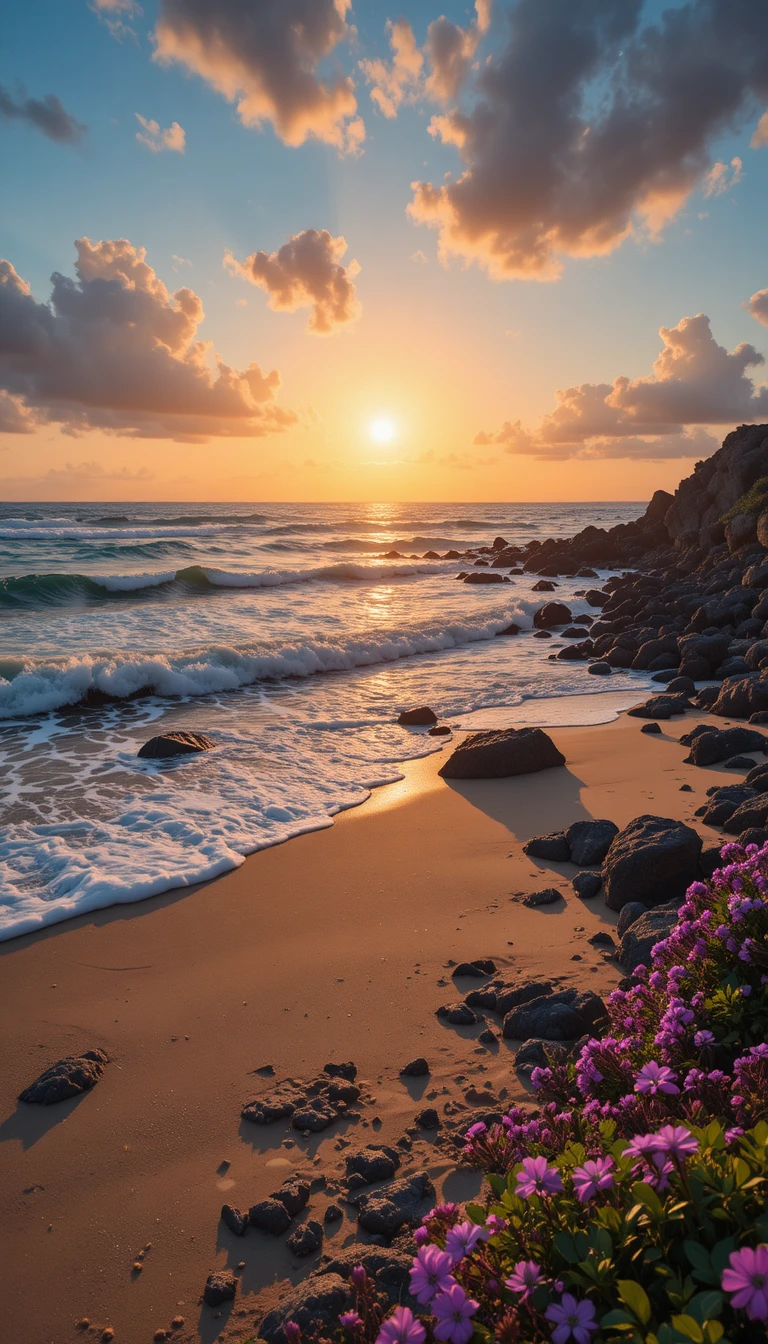 Tramonto romantico sulle onde del mare in una spiaggia tranquilla