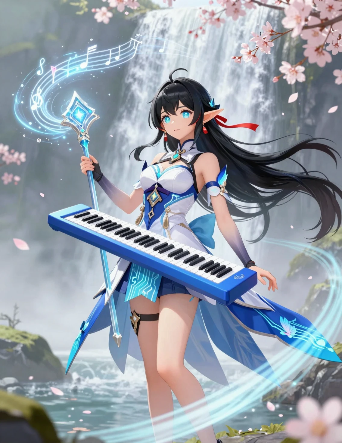 Cyber elf musician girl by a vast misty waterfall