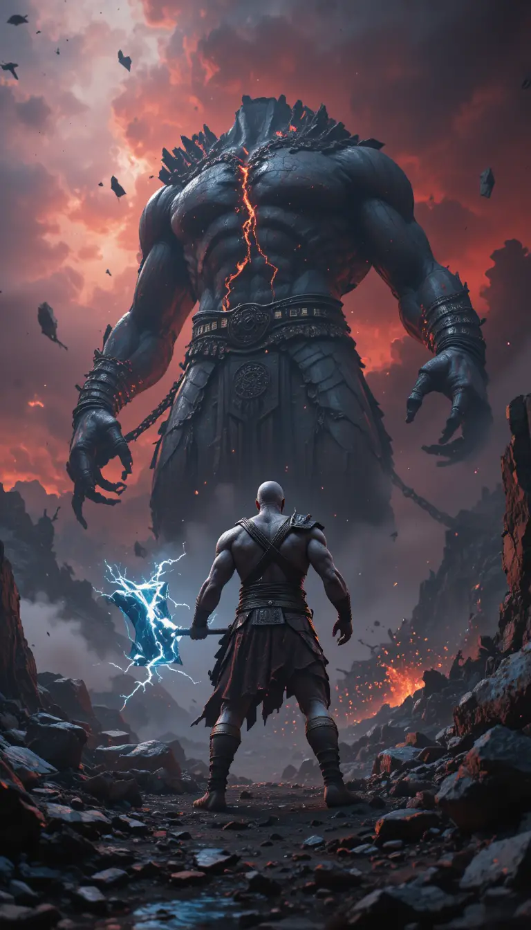 Warrior facing colossal titan on apocalyptic mythic battlefield