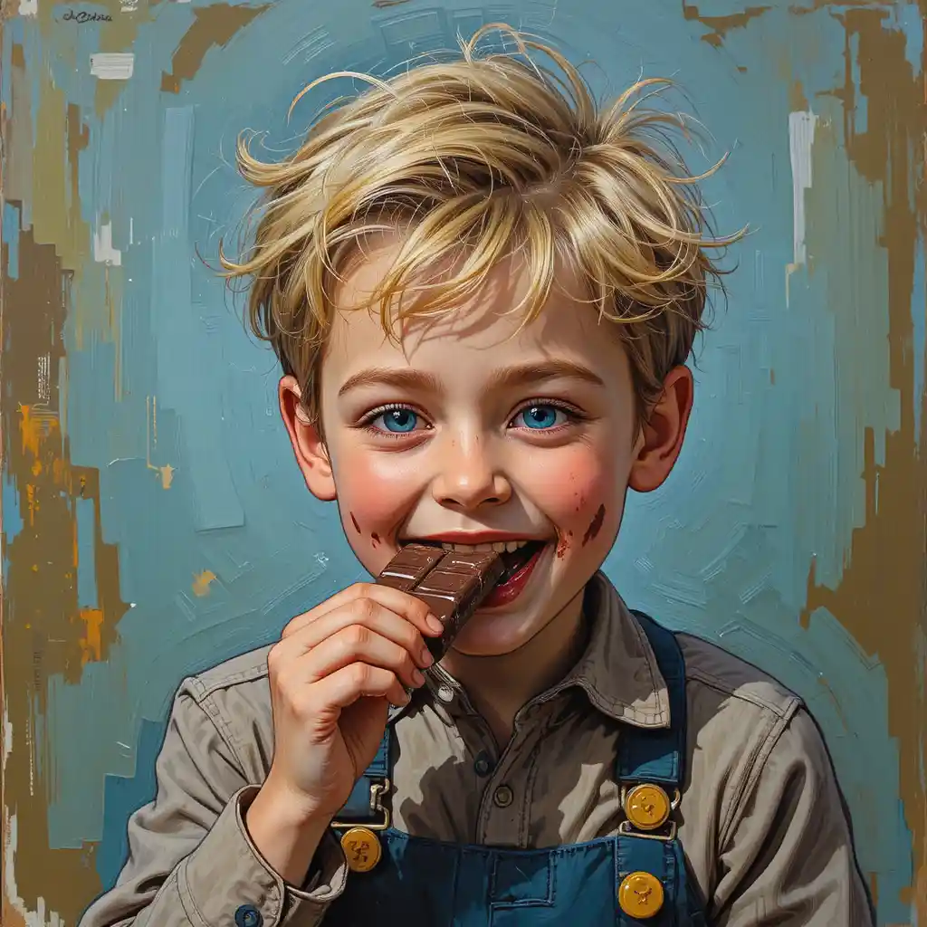 Mischievous boy with chocolate smeared smile in impressionist style
