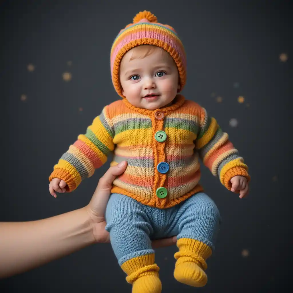 Bambino in colorato completo di maglia tenuto davanti a sfondo scuro