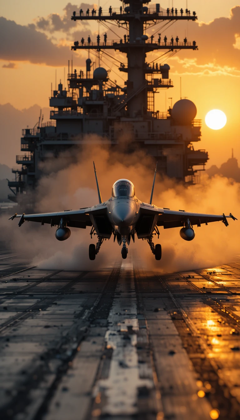 黄金の夕焼けの中、空母に着艦する海軍戦闘機