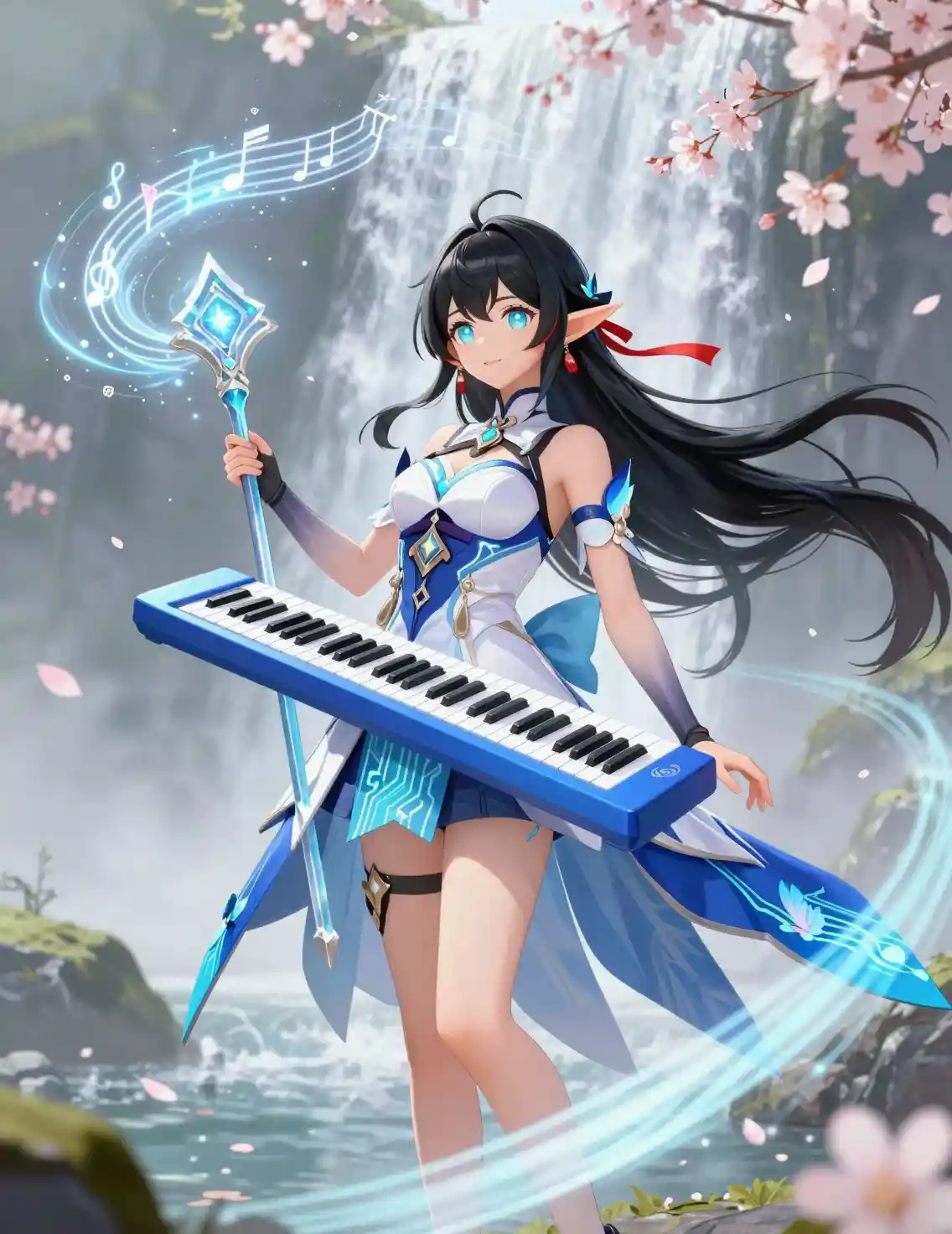 Cyber elf musician girl by a vast misty waterfall