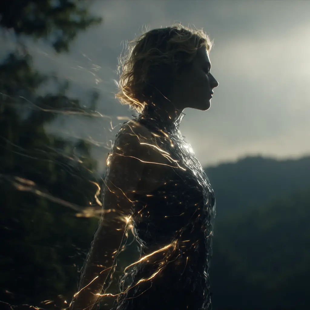 Femme élémentaire dans un paysage fantastique cinématographique
