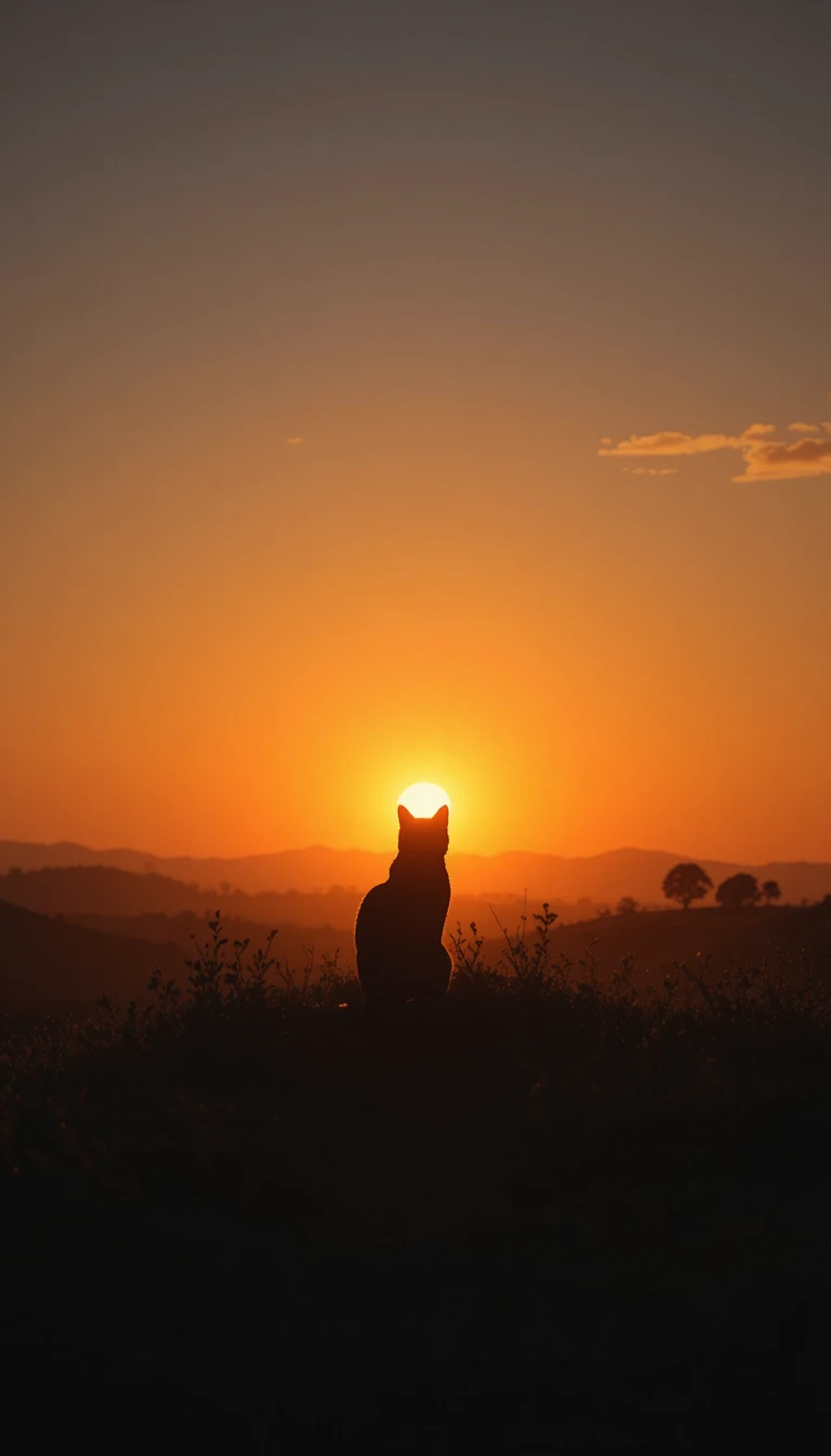 Gato em silhueta ao pôr do sol em um céu tranquilo e luminoso