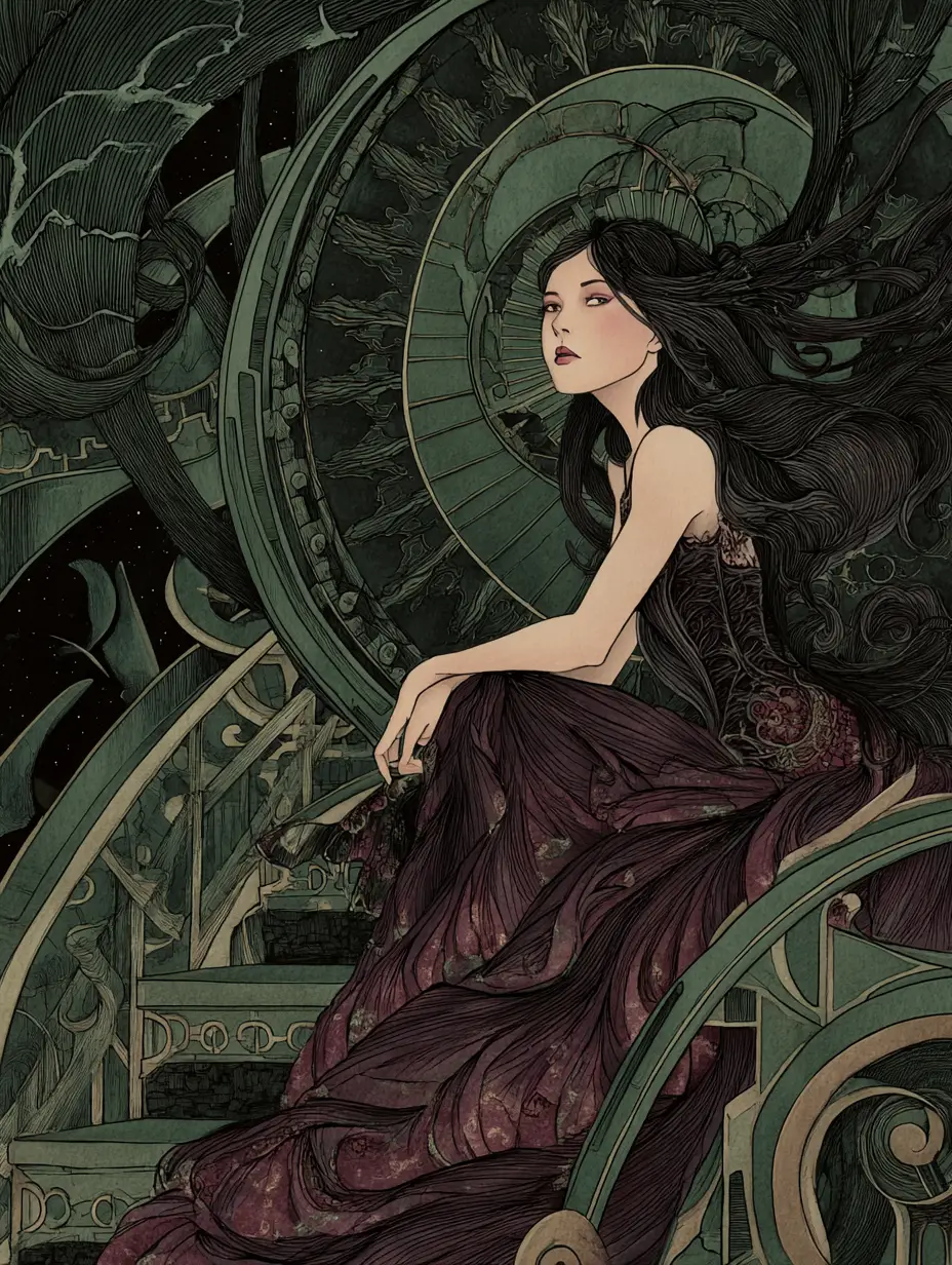 Dark art nouveau city with a contemplative fantasy woman