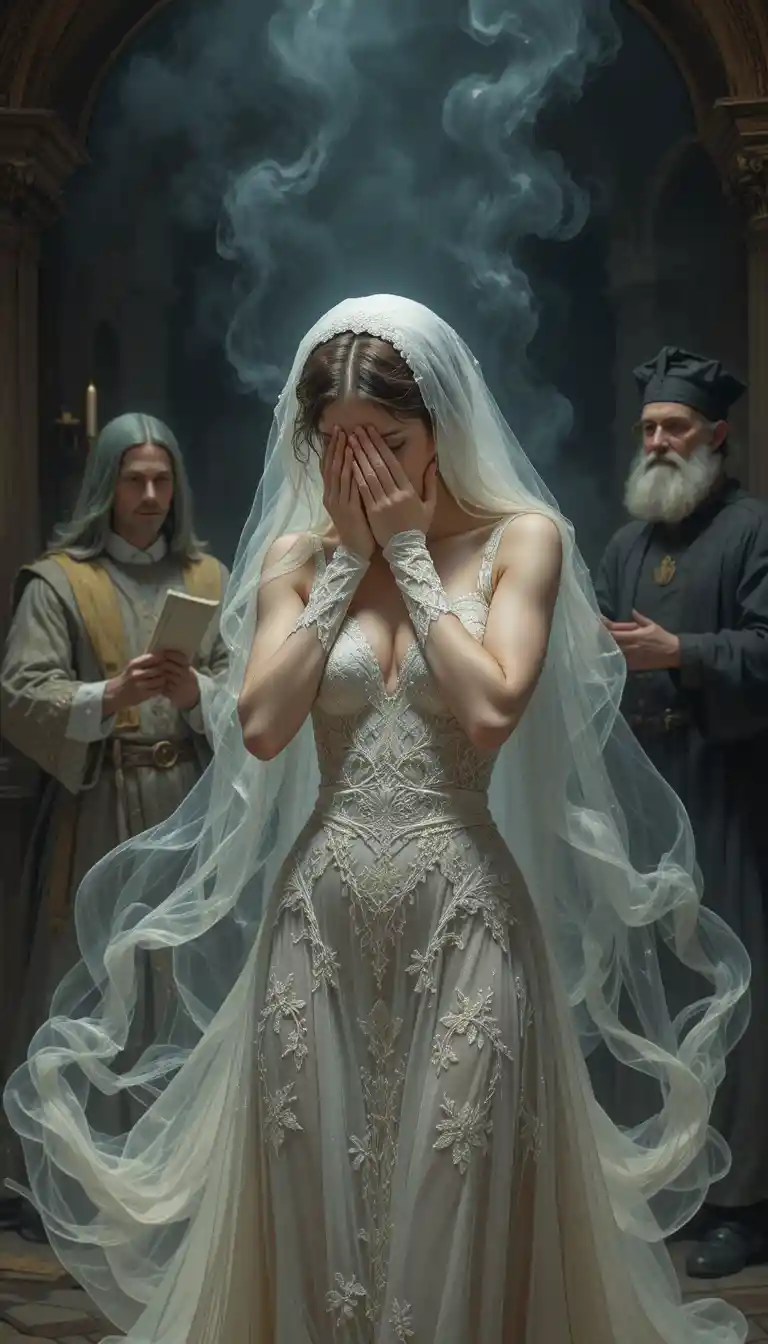 Crying bride in lace wedding dress inside a dark church