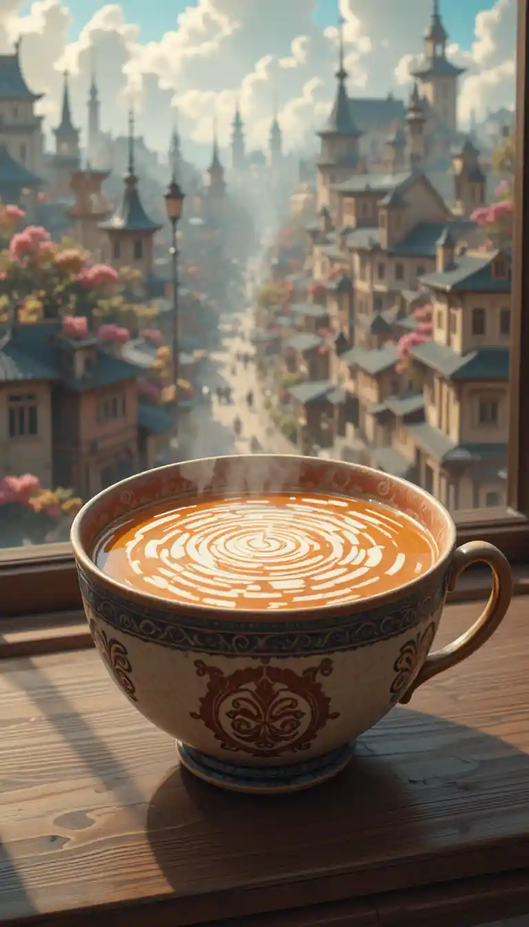 Fragrant soup reflecting a detailed magical cityscape