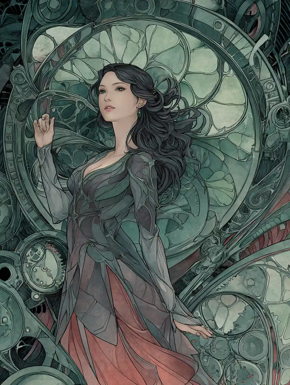 Dark Art Nouveau city with a contemplative fantasy woman