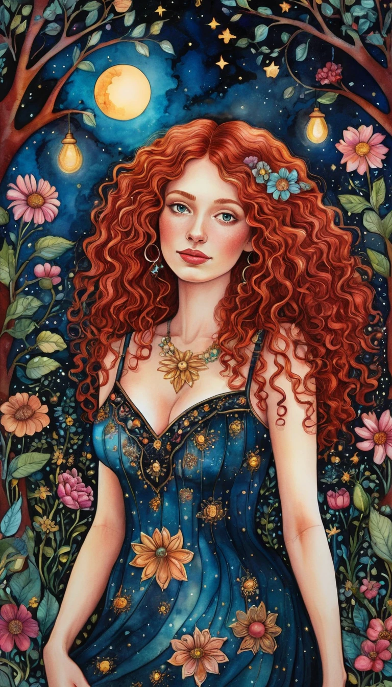 Donna dai capelli rossi in un giardino di fantasia folk art