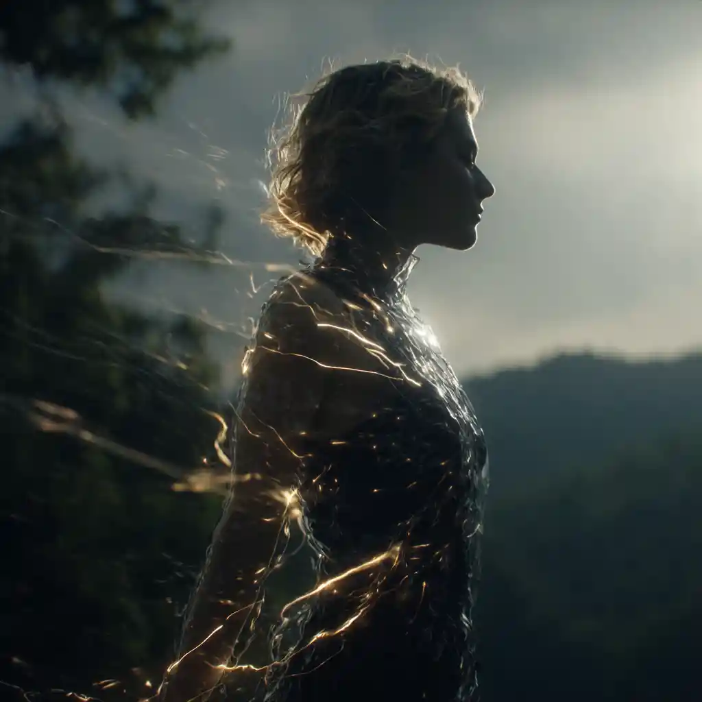 Elemental woman standing in a cinematic fantasy landscape