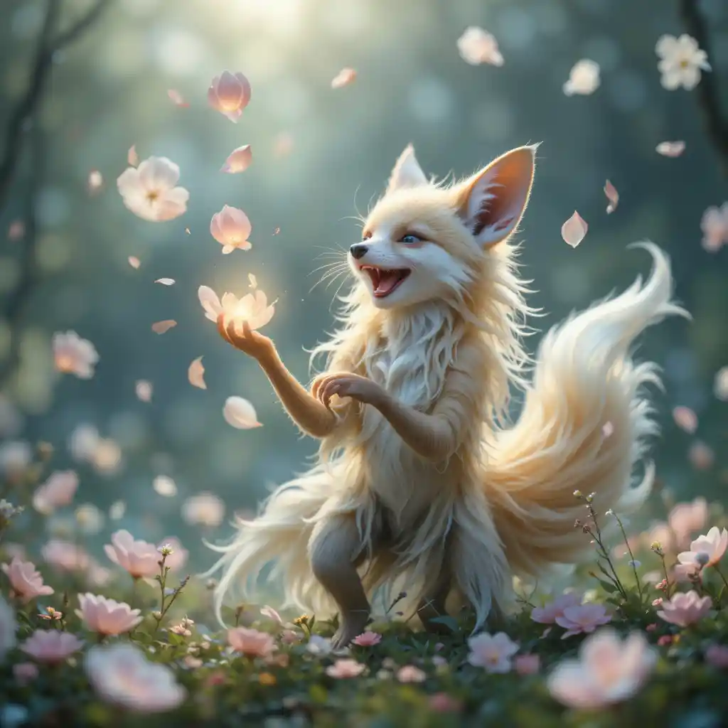 Joyful fantasy creature playing with glowing flower petals