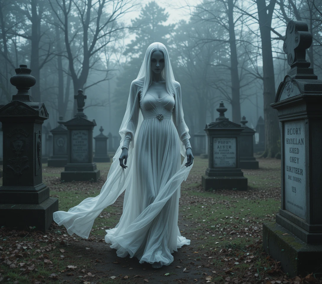 Ätherische Gray Lady Geistergestalt, die durch alten Friedhof schreitet