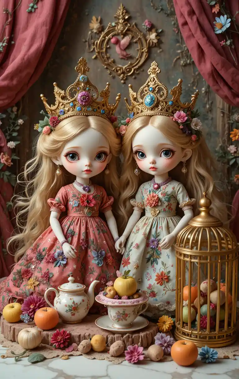 Whimsical Crowned Dolls With Tea Set On Marble Table