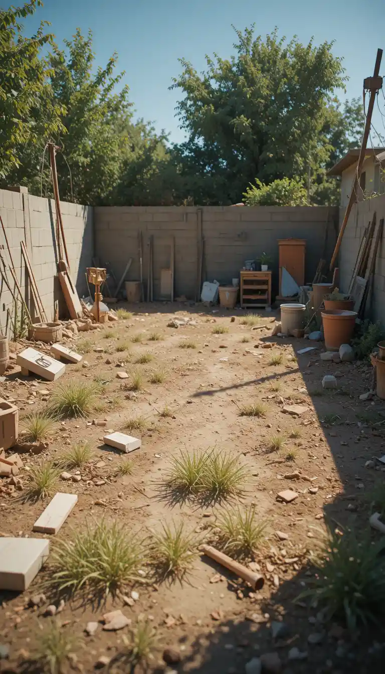 Messy backyard with dry soil and scattered construction tools