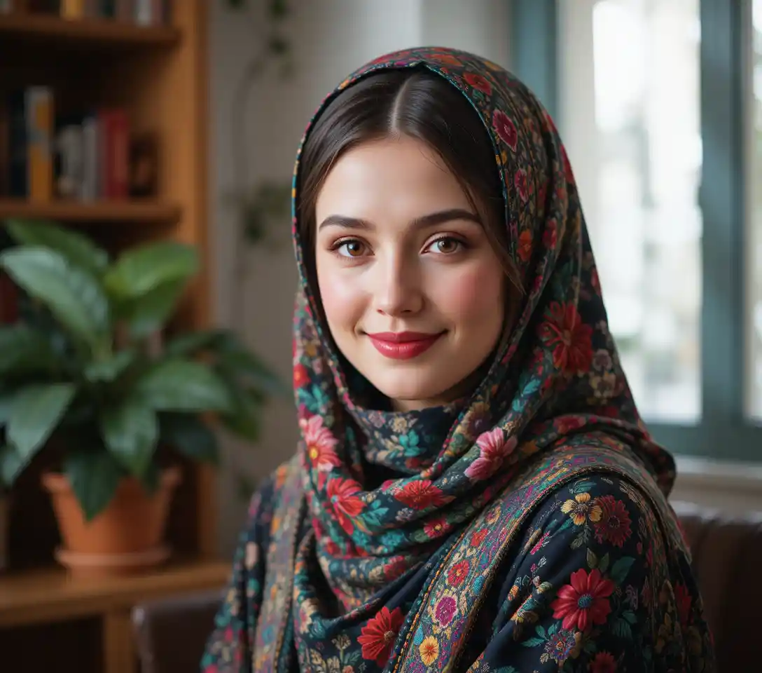 Smiling Slavic woman in floral headscarf indoor portrait