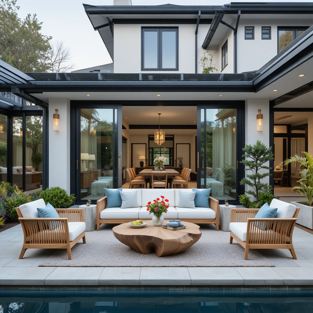 Moderner Pool-Patio mit hölzernen Outdoor-Loungesitzen