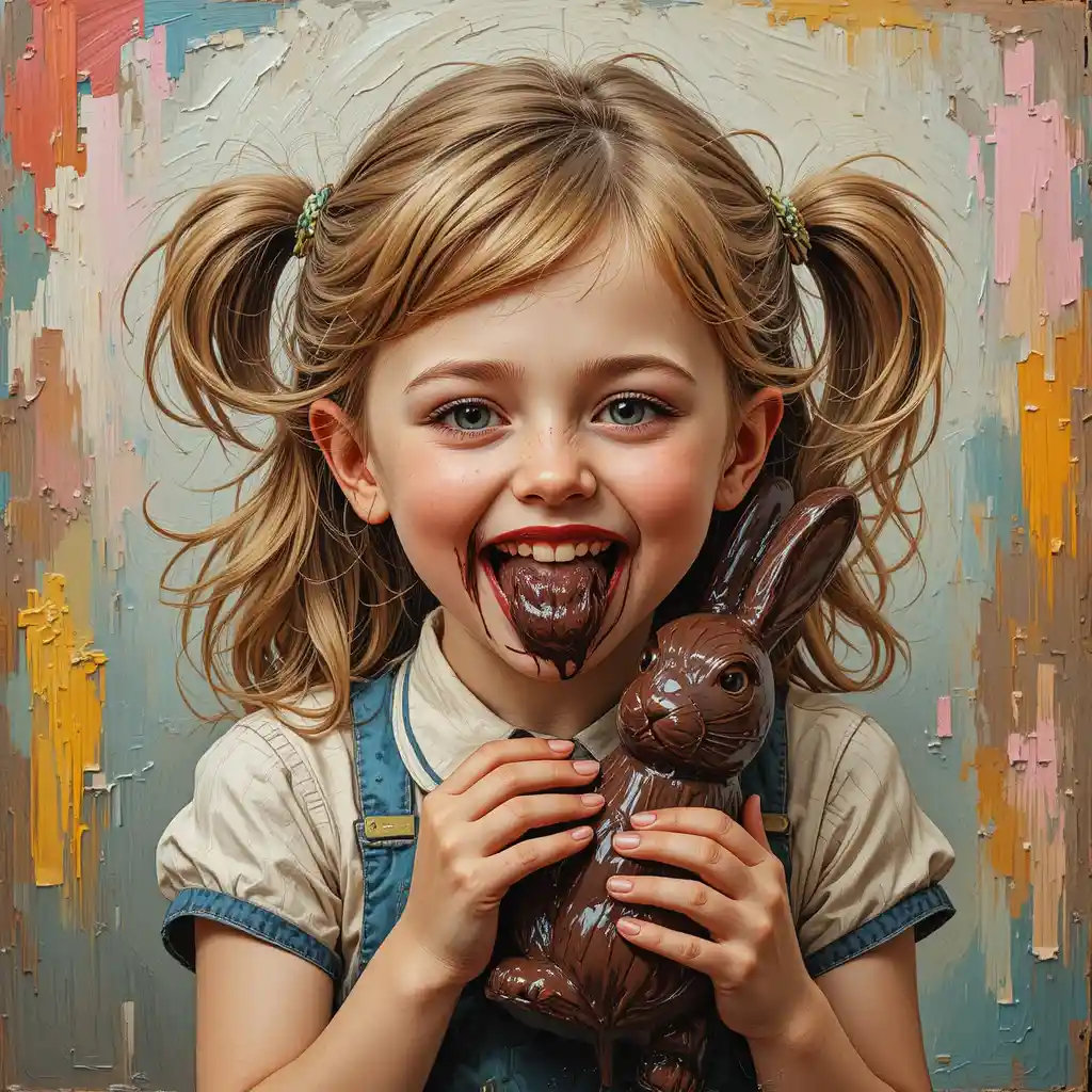 Menina brincalhona com coelho de Páscoa de chocolate em uma sala de aula vintage