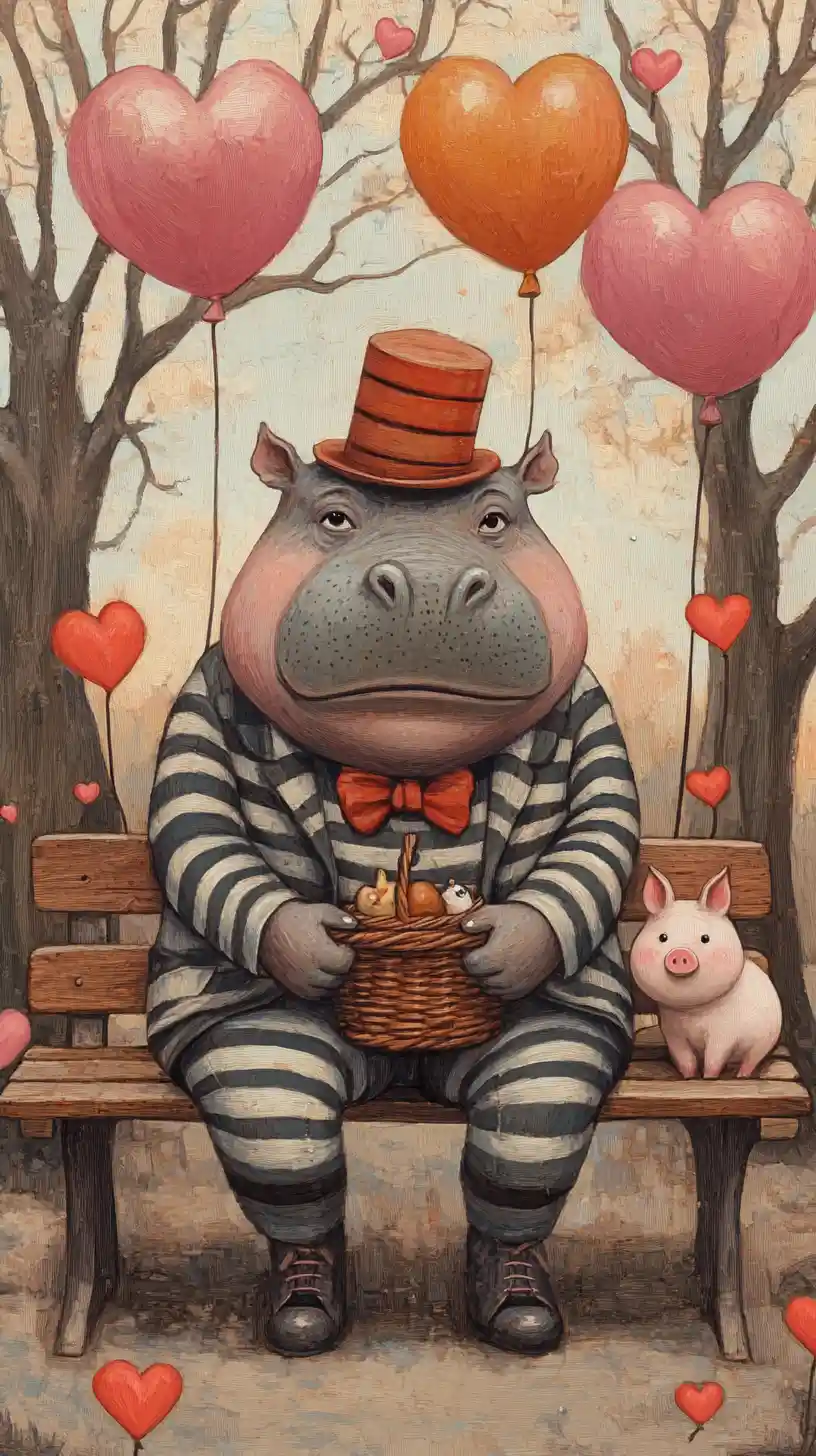 Thoughtful hippo in a striped suit sitting on a park bench