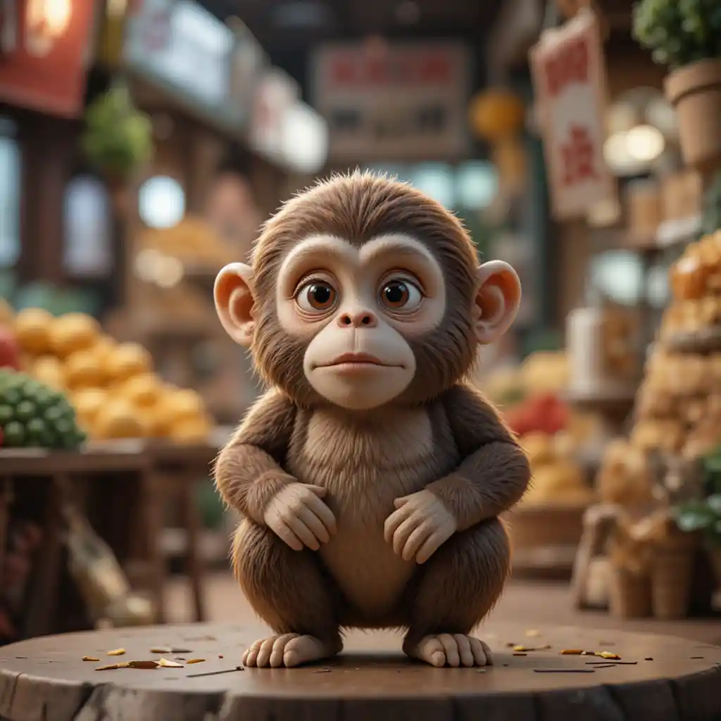 Monkey walking beside a person in a busy street market